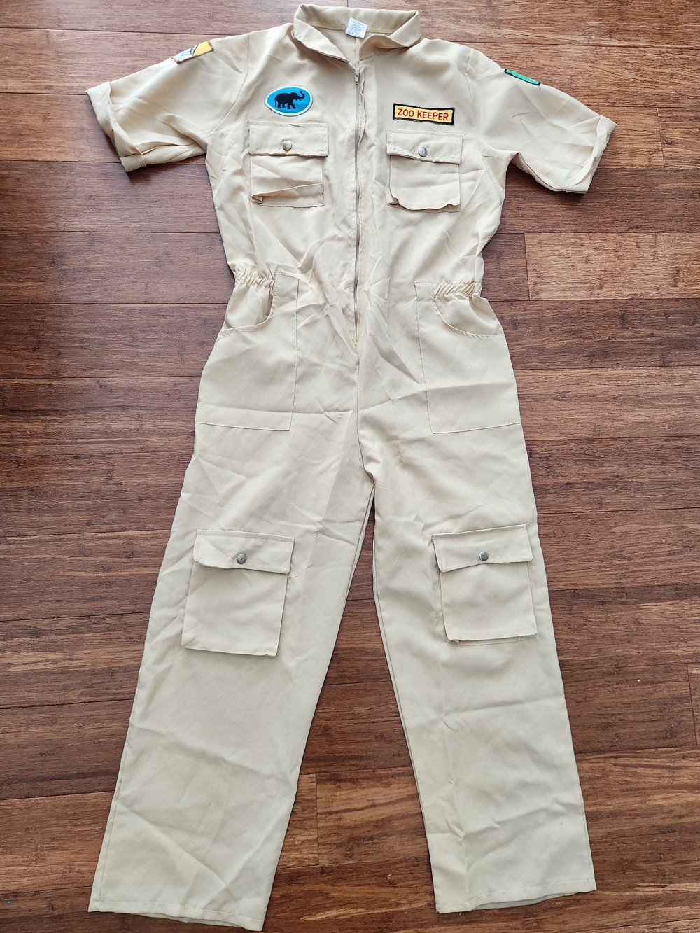 Kids Tan Zoo Keeper Halloween Costume Jumpsuit Animal Patches, Large 12 / 14